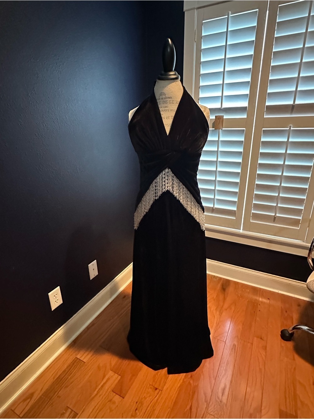 PatBO Black Maxi Formal Halter Dress with Silver Beaded Waist